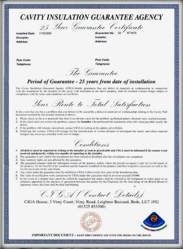CIGA 25 year guarantee certificate